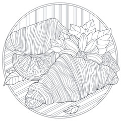 Tasty croissants with orange and flower.Coloring book antistress for children and adults. Illustration isolated on white background.Zen-tangle style. Black and white drawing