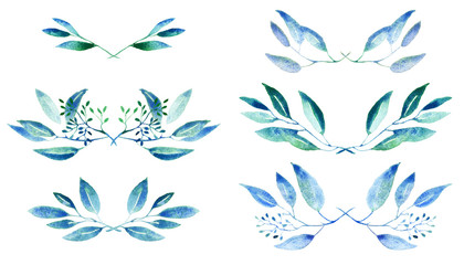 Fototapeta na wymiar eucalyptus leaves and branches, watercolor illustration, wreaths isolated on white