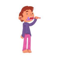Cute Boy Brushing his Teeth in Bathroom after Bedtime, Preschool Kid Daily Routine Activity Cartoon Vector Illustration
