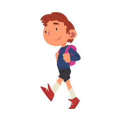 Fototapeta premium Cute Boy Walking at School with Backpack, Preschool Kid Daily Routine Activity Cartoon Vector Illustration