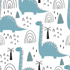 seamless pattern with cartoon dinosaurs, decor elements. Colorful vector flat style for kids. Animals. hand drawing. baby design for fabric, print, wrapper, textile