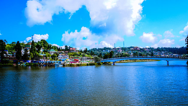 Bridge on the blue lake under white cloudy sky