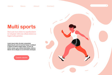 
Banner for a site about sports. Girl keen on jogging and fitness. Flat vector illustration of an active female student playing sports. Recreational activity concept for banner, website design .