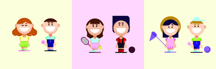 Set of pairs of different boys and girls. Cute cartoon style
Summer mood, walks and fun. Vector illustration on a gentle background.