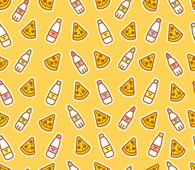 Cute seamless pattern of pizza slices and bottles. Milk, water, fast food. Vector colored background for online shopping, mobile applications. Design of packages, clothes, thermomugs.
