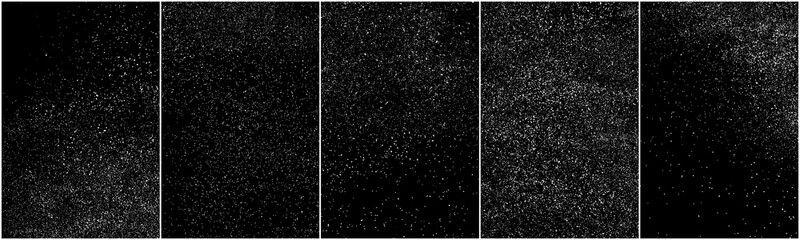 Set of distressed white grainy texture. Dust overlay textured. Grain noise particles. Snow effects pack. Rusted black background. Vector illustration, EPS 10.   