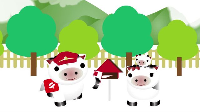 可愛い牛の郵便屋さんが可愛いうしの親子のポストへ年賀状を届けるアニメーションループ動画