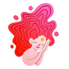 A magical girl with a sun symbol on her forehead and long red hair took a nap. Color vector character for book illustrations, t-shirt design, web page design. Rest during the day, daytime sleep.
