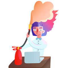 Funny vector isolated illustration of a girl sitting at a workplace with a laptop and extinguishing her head with a fire extinguisher. Emotional burnout. Problems at work. Overloaded worker. Deadline.