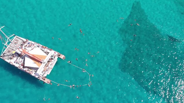 Catamaran party with a lot of people in the ocean drone shot slow