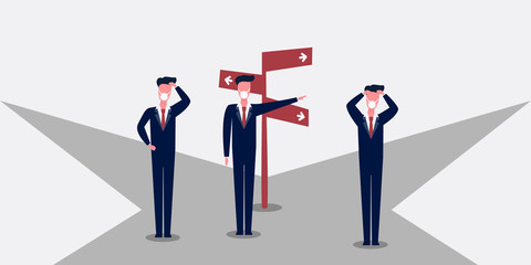 Choose the Best Direction - Business Decision Design Concept with Businessmen, Crossroads and Road Sign - Eps10 Vector Illustration