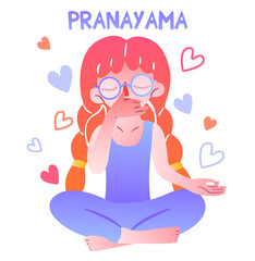 A cute girl with glasses and pigtails sits in a lotus position and does breathing practice. Lettering pranayama. Fingers folded in mudra. Meditative vector isolated character for illustrating yoga.