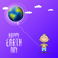 Cartoon earth day illustration or banner with little cute boy character holding in hands baloon with earth globe. Vector World earth day concept poster illustration with planet Earth and funny child