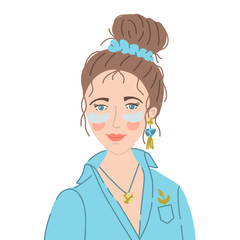 Fototapeta premium Care of yourself. Morning skin care. A girl with patches under her eyes and a messy bun hairstyle. Flat vector portrait. 