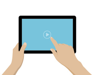 Cartoon illustration of hand holding tablet with screen and media player icon. Finger clicks the button on the display. Isolated on white background, vector