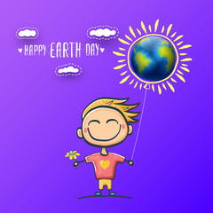 Cartoon earth day illustration or banner with little cute boy character holding in hands baloon with earth globe. Vector World earth day concept poster illustration with planet Earth and funny child