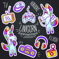 Set of vector stickers unicorn entertainment. TV, joystick, virtual reality goggles VR, headphones, camera, tape recorder, karaoke, microphone, movie, popcorn. Electronic gadgets, technology for fun