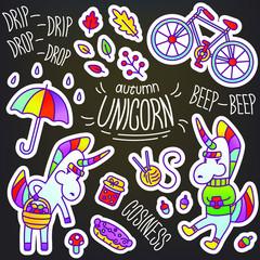Obraz premium Set of vector stickers Unicorn Autumn. Rain, umbrella, foliage, leaves, bicycle, mushrooms, pie, knitting, ball of thread, tea, heat, acorns, jam, basket, fly agaric, knitting needles, warm, sweater