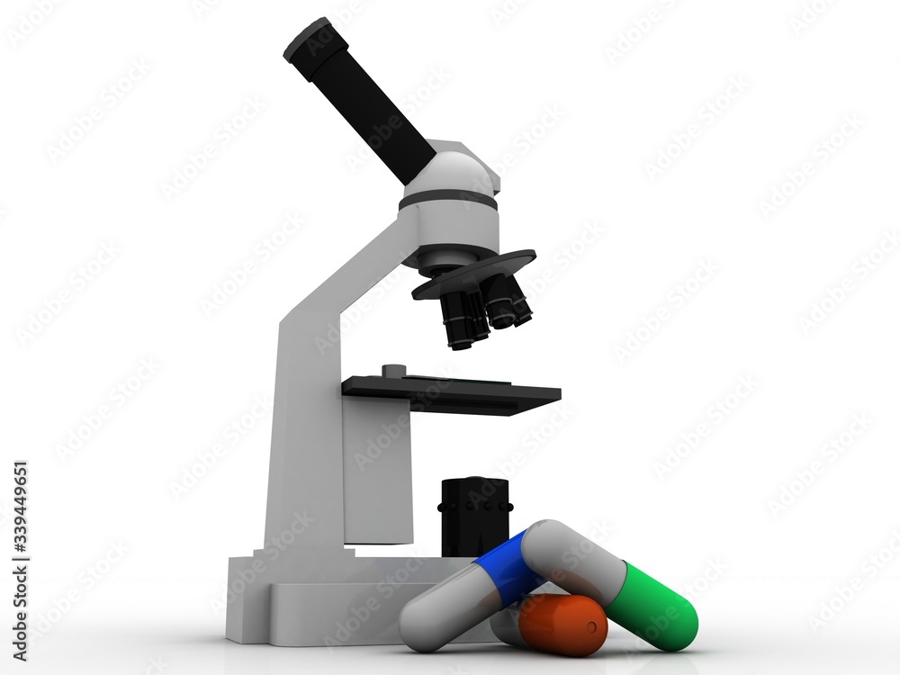 Poster 3d rendering microscope with pill