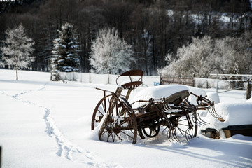 snow covered wagon