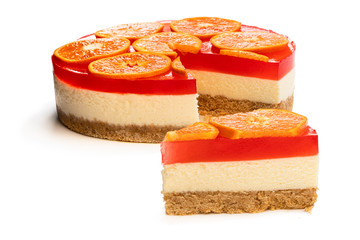 Delicious cheese cake with jellied layer and oranges on top isolated on white