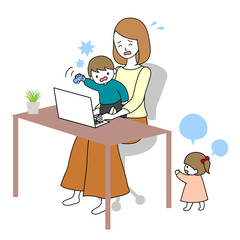 テレワークが上手くいかない女性　リモートワーク　イラスト