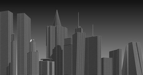 Fototapeta na wymiar Modern architecture in a beautiful metropolis.Freehand line drawing illustration, 3D illustration