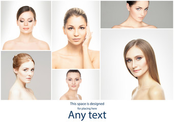 Beautiful, pure and healthy female faces. Portraits of young and pretty women in collage. Skin lifting, skincare, plastic surgery and make-up concept.