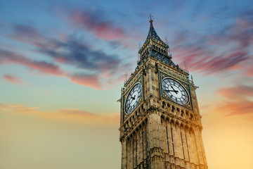 Big Ben, London's most known landmark at sunset.  