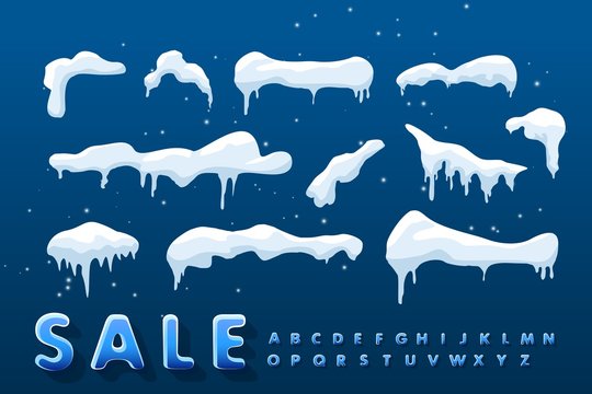 Set of isolated snow cover. Snow elements on a winter background. Vector template in cartoon style for your design. Winter alphabet with the words sale. Vector.