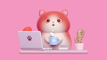 Surprised little kawaii red cat with open mouth, big orange eyes working from home with laptop. Cartoon funny fat cat with white belly, striped tail holding warm cup of tea. 3d render on pink backdrop