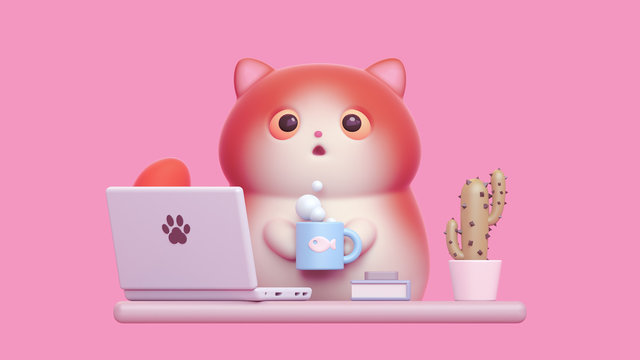 Surprised little kawaii red cat with open mouth, big orange eyes working from home with laptop. Cartoon funny fat cat with white belly, striped tail holding warm cup of tea. 3d render on pink backdrop