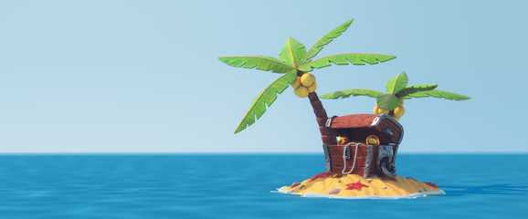 Lonely sandy island in the blue ocean. Opened wooden chest standing under palm trees on the sand with sea shells, starfish. Old pirate treasure chest with gold coins, goblet, pearl beads. 3d rendering