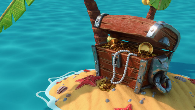 Close up of an open wooden treasure chest with gold coins, goblet, pearl beads standing under palm trees on the sand with seashells, starfish in the blue sea. Fantasy pirate wallpaper. 3d illustration