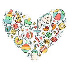 Baby and newborn doodle heart shaped illustration. Birthday party or baby shower card template.