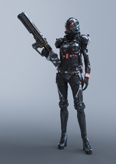 Cyborg woman stands in an attacking pose with an assault gun in one hand. Young sci-fi girl in futuristic black armor suit with a helmet. Futuristic soldier concept. 3d illustration on gray background