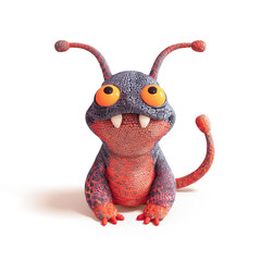 3d illustration of cute little cartoon grey red lava monster sitting isolated on white backdrop. Concept art character of smiling frog mutant. Alien creature. Funny dragon with big teeth and antennas © roman3d