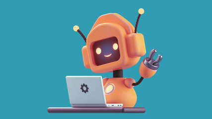 Friendly positive cute cartoon orange robot with smiling face waving its hand. Chatbot greets. Customer support service chat bot. Robot assistant, online consultant. 3d illustration on blue background