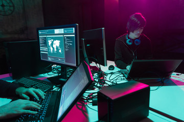 Internet fraud, darknet, data thiefs, cybercrime. Hacker attack on government server. Dangerous...