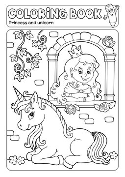 Coloring book princess and unicorn 1