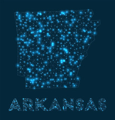 Arkansas network map. Abstract geometric map of the us state. Internet connections and telecommunication design. Vibrant vector illustration.