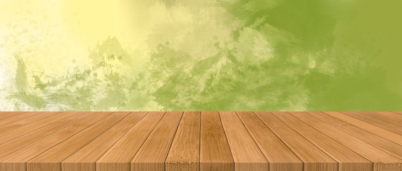 Empty bamboo wooden table and green art nature background. Concept banner for products display. Spring background with empty table for your products. Mockup.