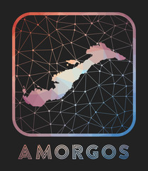 Amorgos map design. Vector low poly map of the island. Amorgos icon in geometric style. The island shape with polygnal gradient and mesh on dark background.
