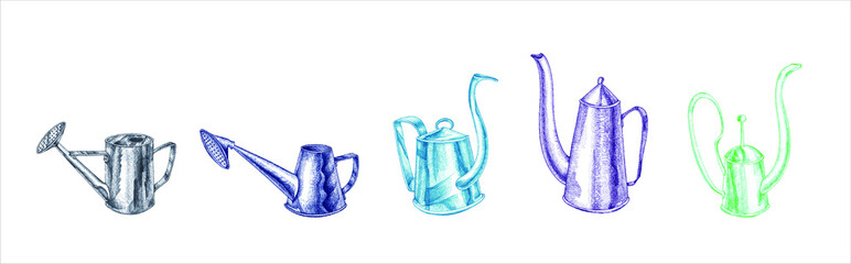 Hand drawn with colored markers 5 watering cans set isolated on a white background