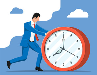Businessman pushing big clock. Business man rushing hurry to get on time. Overwork, deadline, investment, savings, bank deposit, future income, money benefit. Time is money. Flat vector illustration