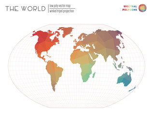 Abstract world map. Winkel tripel projection of the world. Spectral colored polygons. Contemporary vector illustration.