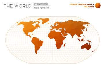 World map in polygonal style. Wagner VI projection of the world. Yellow Orange Brown colored polygons. Energetic vector illustration.