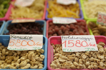 Nuts on sale at the Great Market in Budapest, Hungary.