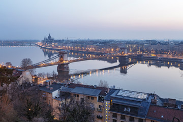 The Hungarian Parliament Building and Chain Bridge in Budapest, Hungary