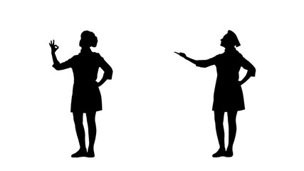 Two black silhouettes of chef woman gesticulating praising their dishes.
